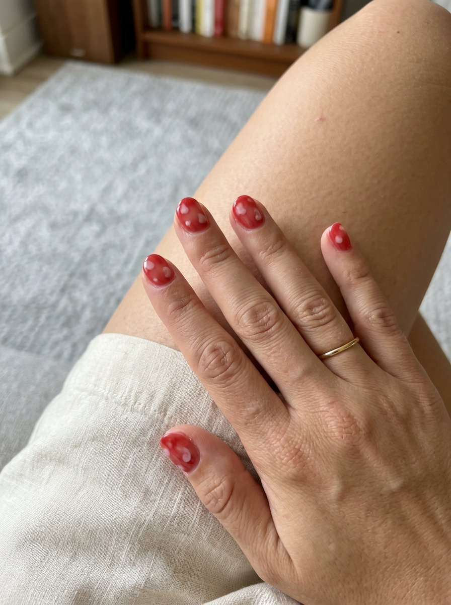 Romantic Milk Bath Red Nails 2026 Romantic sheer red milk bath nails with milky white accents for summer red nails 2026. Ideal for weddings.