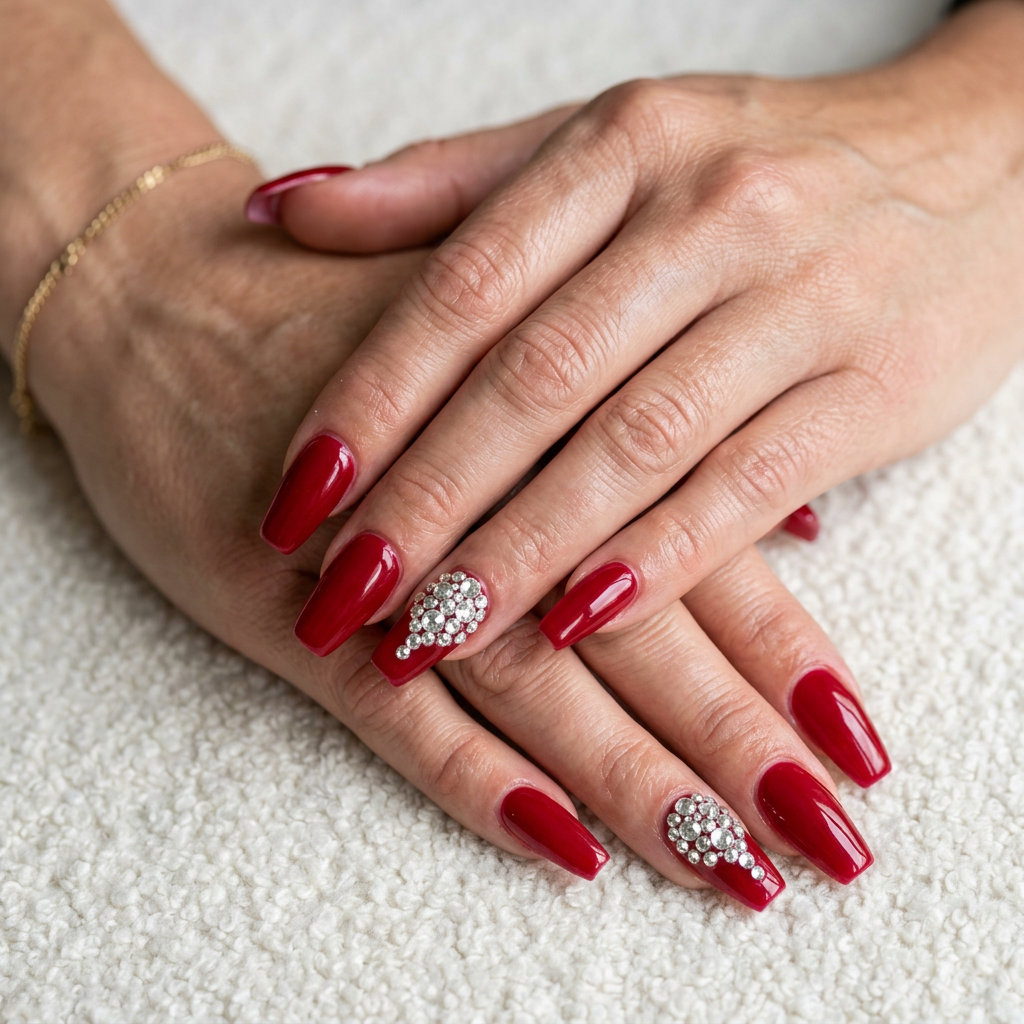 Summer Red Nails 2026: Ruby Rhinestone Glam Glamorous ruby red nails with dazzling rhinestone accents for summer red nails 2026 wedding guest.