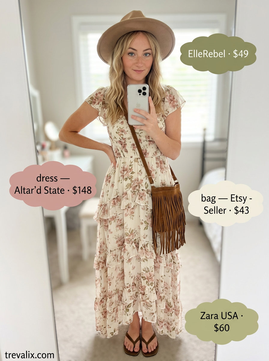Boho summer tiered dress outfit for women 2026: cream floral maxi dress, tan suede sandals, wide-brimmed hat.