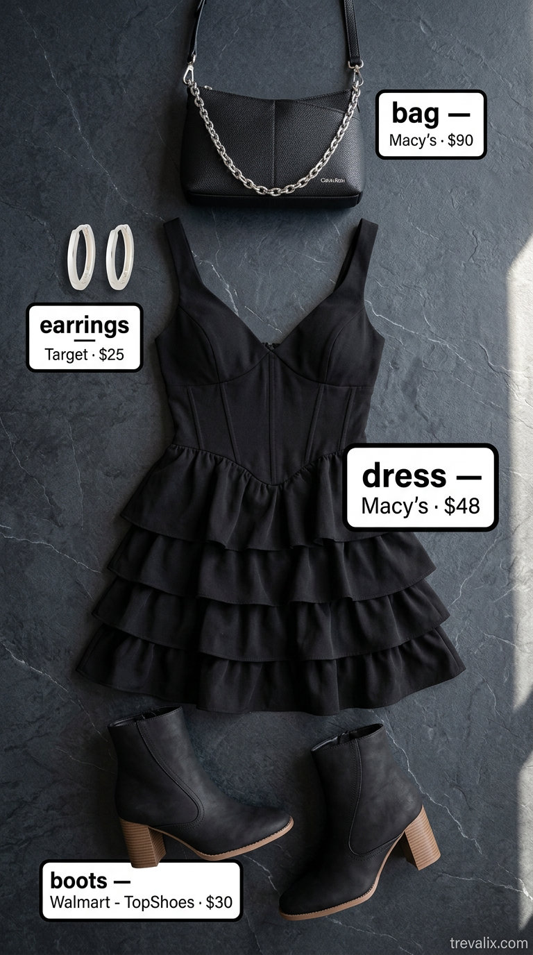 Edgy summer tiered dress outfits for women 2026: black mini dress, faux leather boots, silver hoops, crossbody bag.