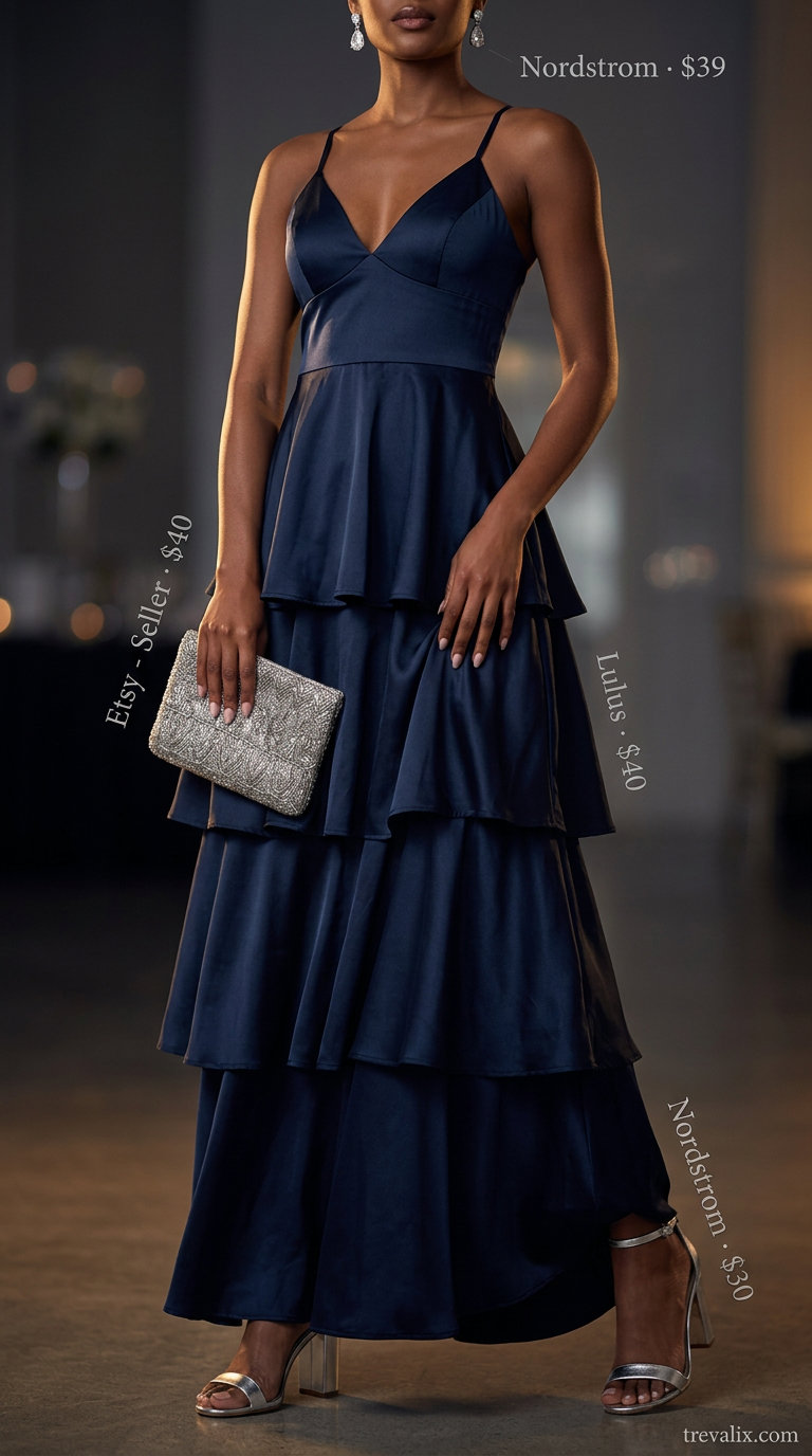 Elegant summer tiered dress outfits for women 2026: navy maxi dress, silver heels, crystal earrings, sequin clutch.