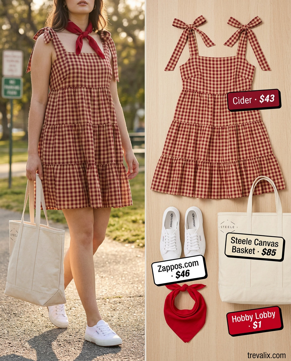 Sweet summer tiered dress outfits for women 2026: red gingham mini dress, puff sleeves, canvas sneakers, tote bag.