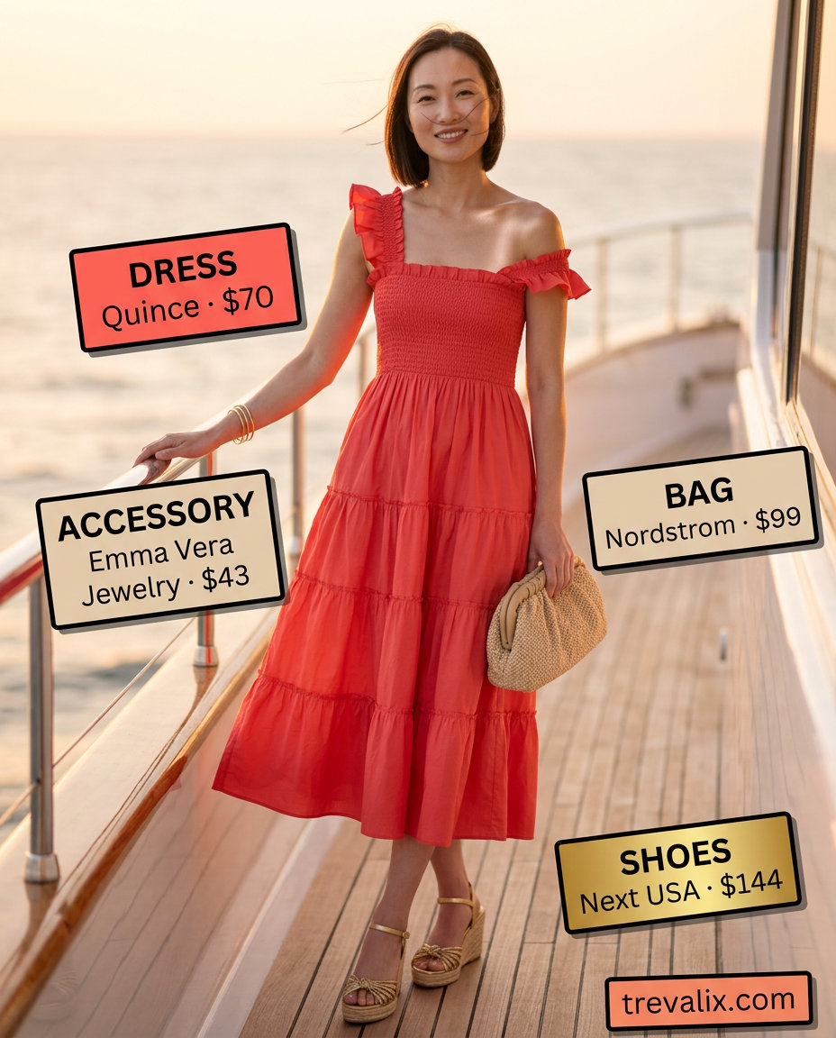 Chic summer tiered dress outfits for women 2026: coral midi dress, espadrille wedges, woven clutch, gold bangles.