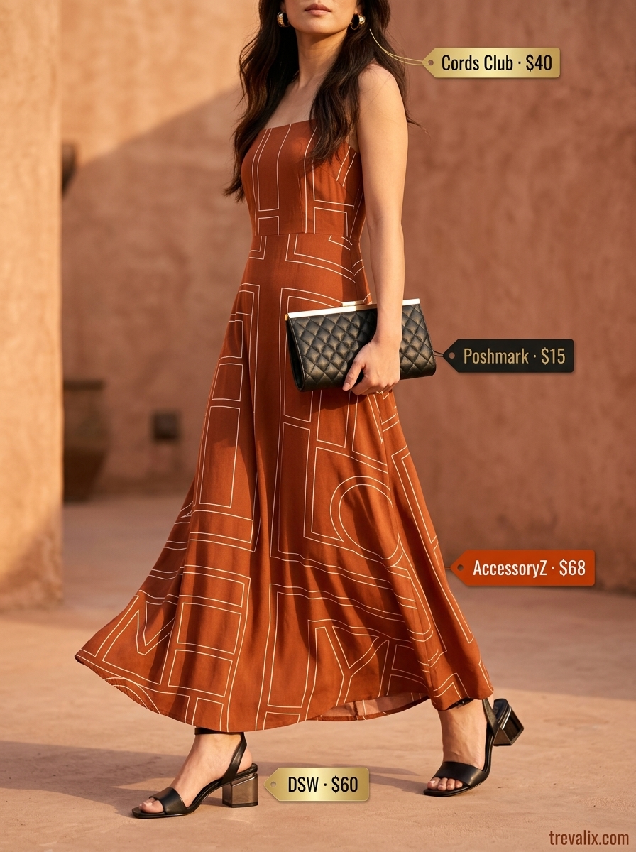 Vibrant summer tiered dress outfits for women 2026: terracotta abstract print maxi dress, black block heels, gold hoops.