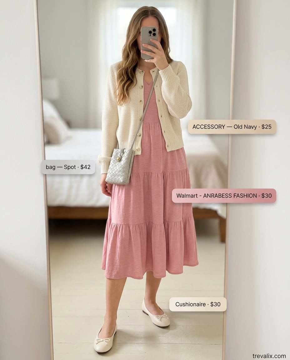 Blush pink tiered knit dress for summer tiered dress outfits for women 2026. Soft casual look with ballet flats, cardigan, and woven crossbody bag.