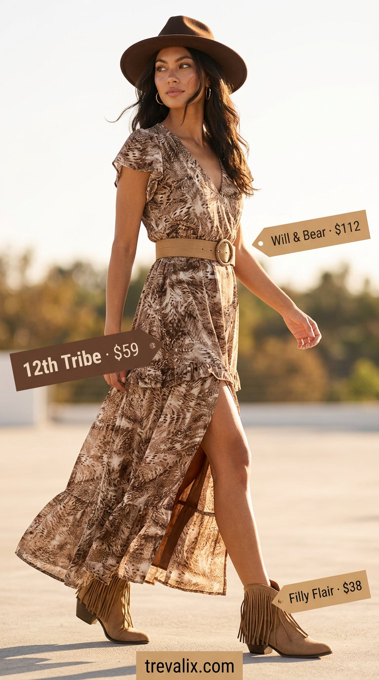 Summer Tiered Dress Outfits for Women 2026: Terracotta tiered maxi dress with boho accessories for festivals.