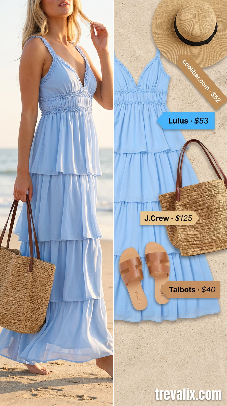 Summer Tiered Dress Outfits for Women 2026: Sky blue tiered maxi dress with straw accessories for coastal vibes.