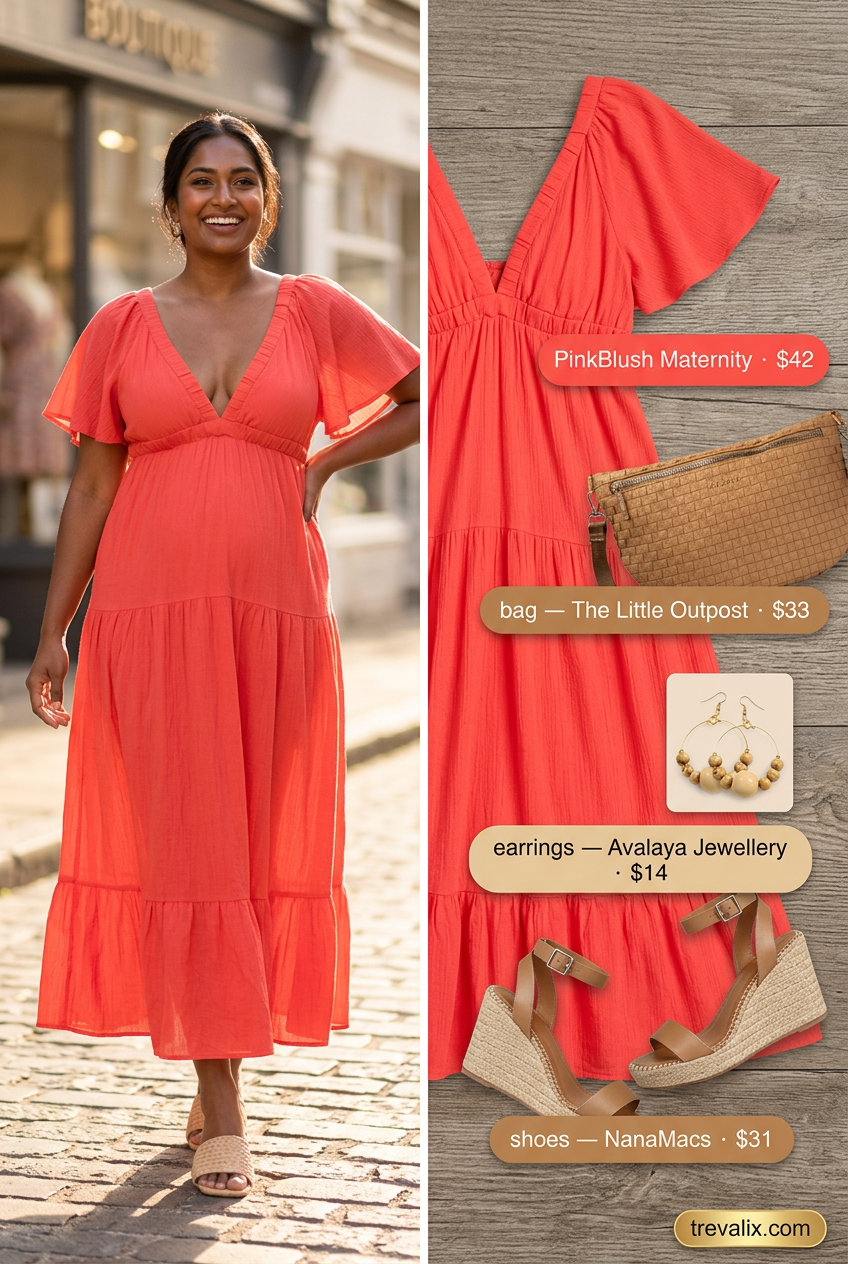 Coral tiered midi dress for summer tiered dress outfits for women 2026. Vibrant party look with espadrilles, crossbody bag, and gold hoop earrings.