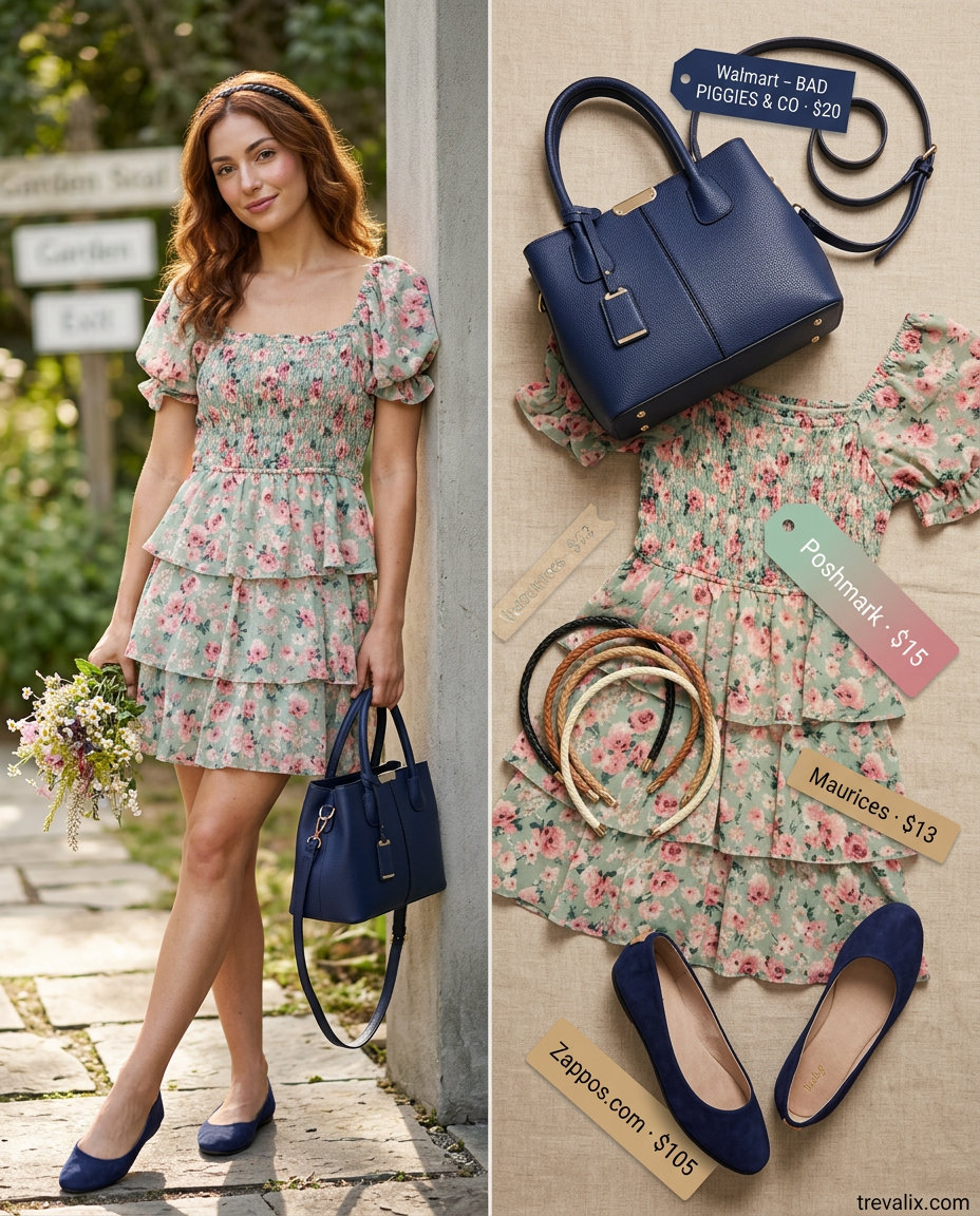 Summer Tiered Dress Outfits for Women 2026: Pastel floral mini dress with navy accessories for a garden party.