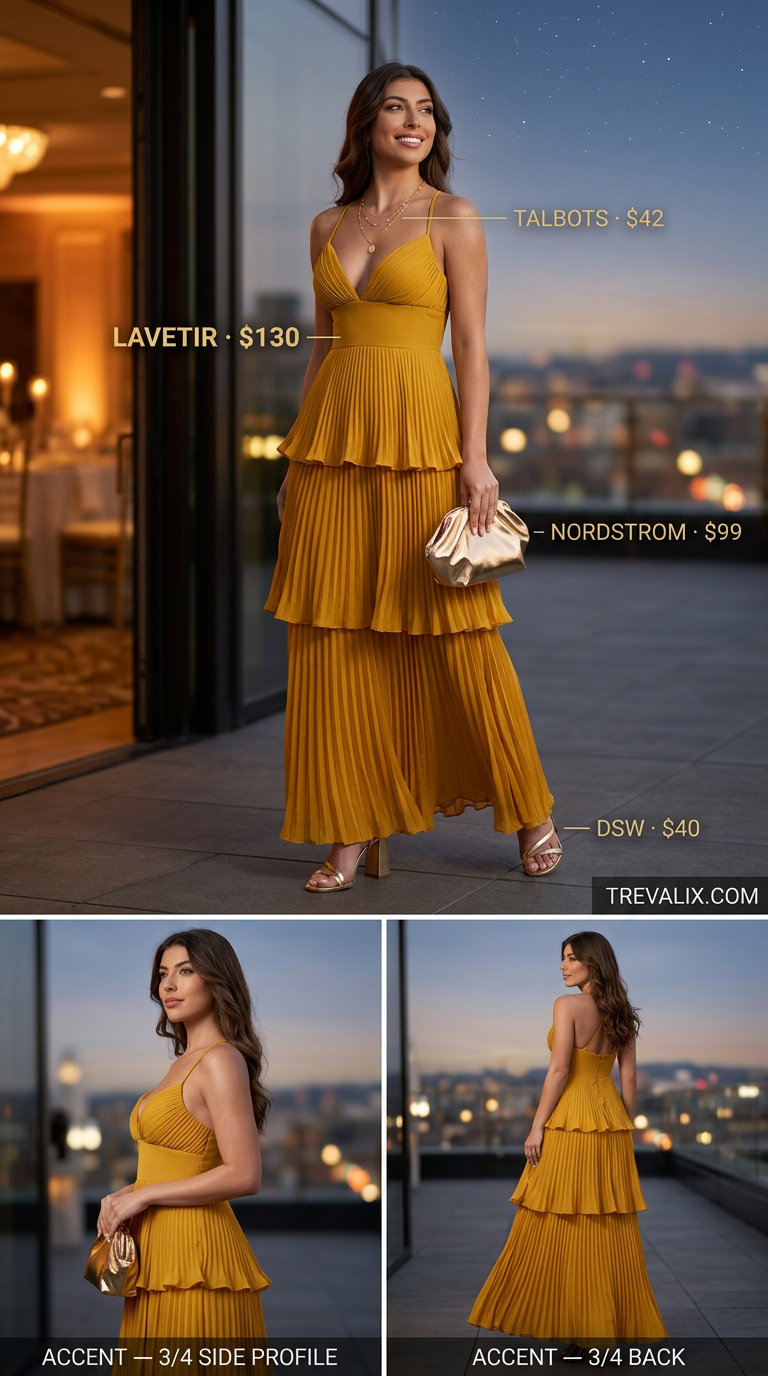 Summer Tiered Dress Outfits for Women 2026: Mustard yellow tiered maxi dress for glamorous evening events.