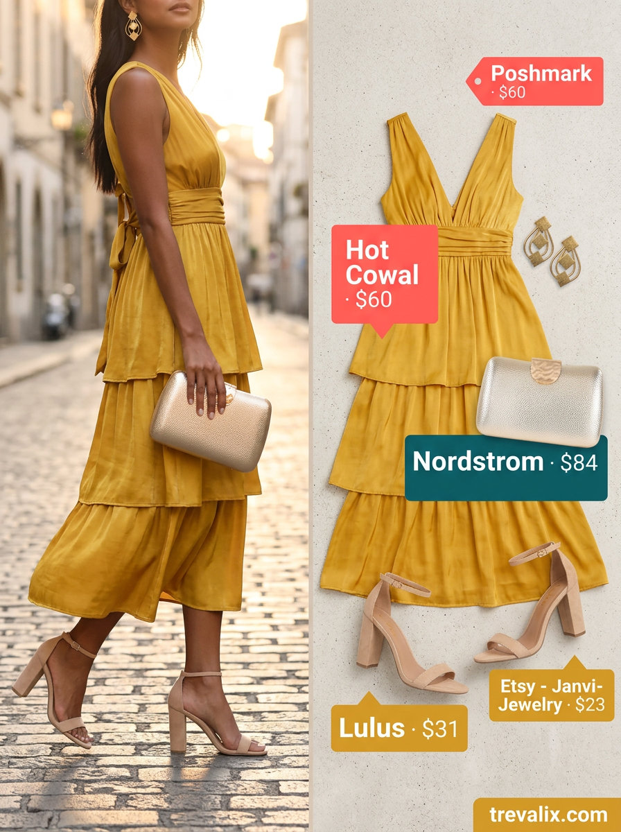 Summer Tiered Dress Outfits for Women 2026: Mustard yellow tiered midi dress for elegant evening events.