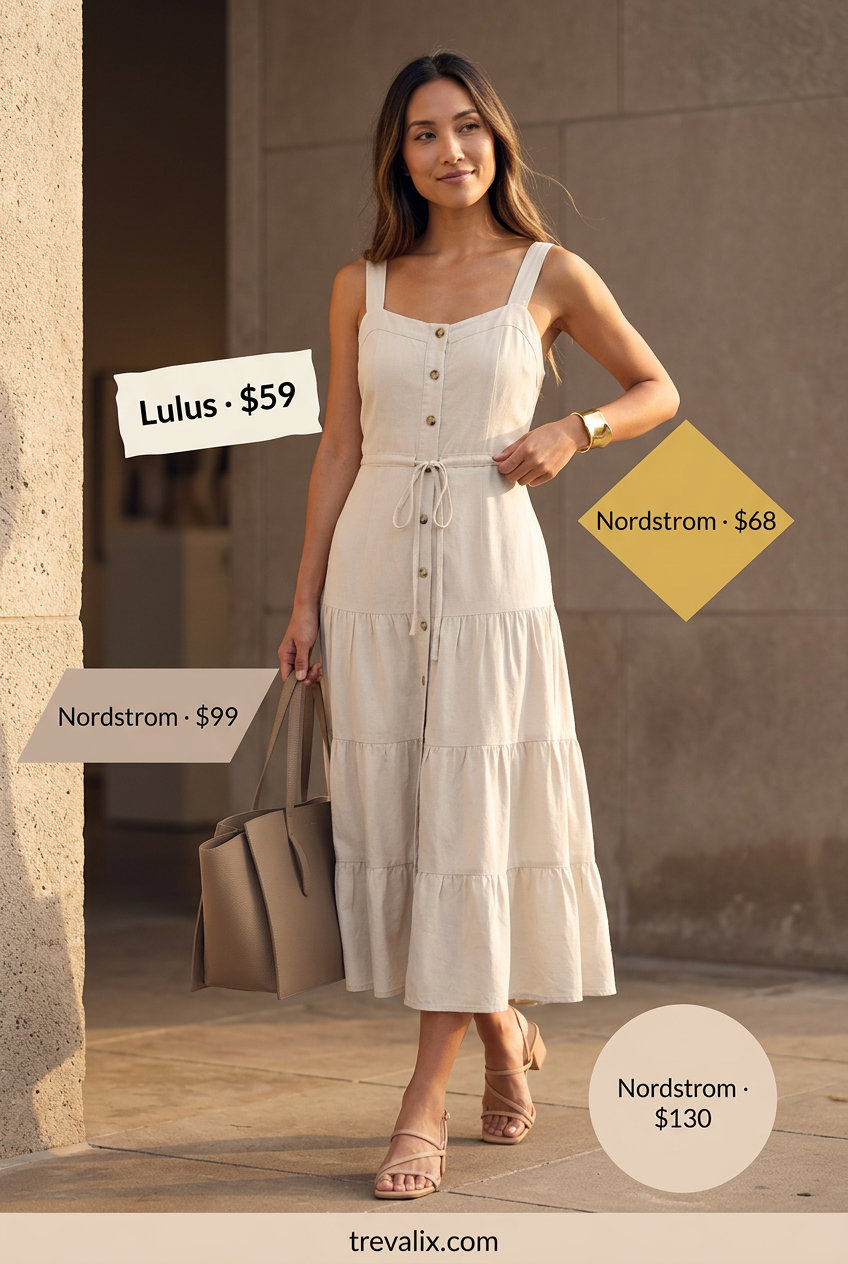 Summer Tiered Dress Outfits for Women 2026: Cream tiered midi dress with minimalist accessories for business casual.