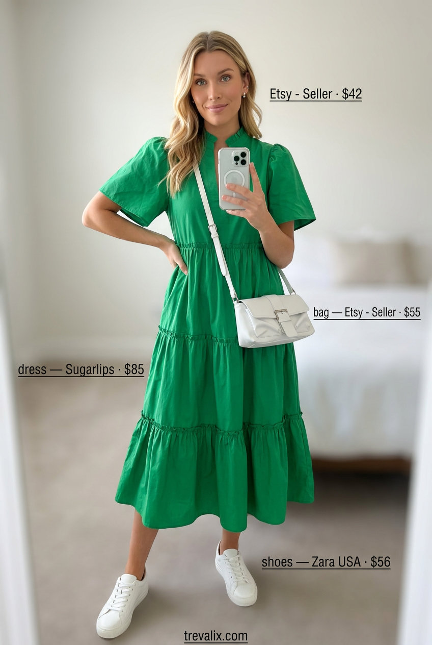 Mint green tiered midi dress for summer tiered dress outfits for women 2026. Fresh brunch look with silver earrings, white crossbody, and white sneakers.