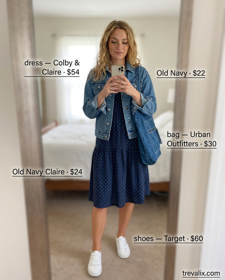 Summer Tiered Dress Outfits for Women 2026: Navy polka dot tiered midi dress with denim jacket for casual days.