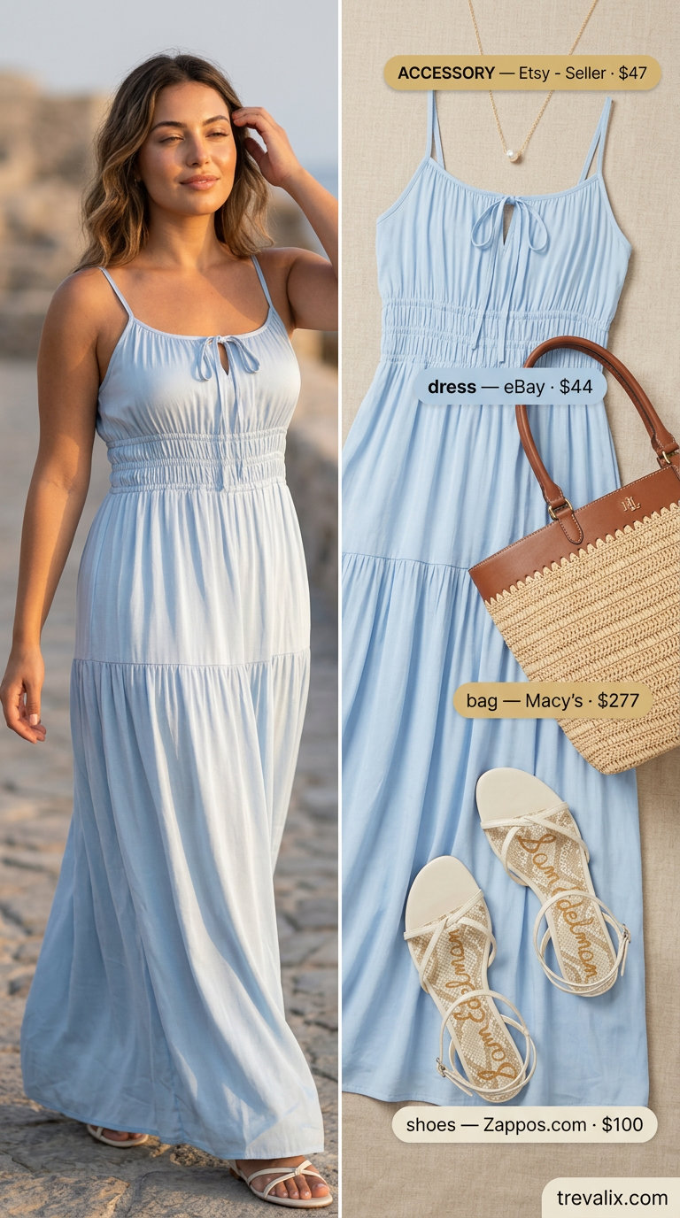 Sky blue tiered maxi dress for summer tiered dress outfits for women 2026. Relaxed beach day look with flat sandals, gold necklace, and straw tote.