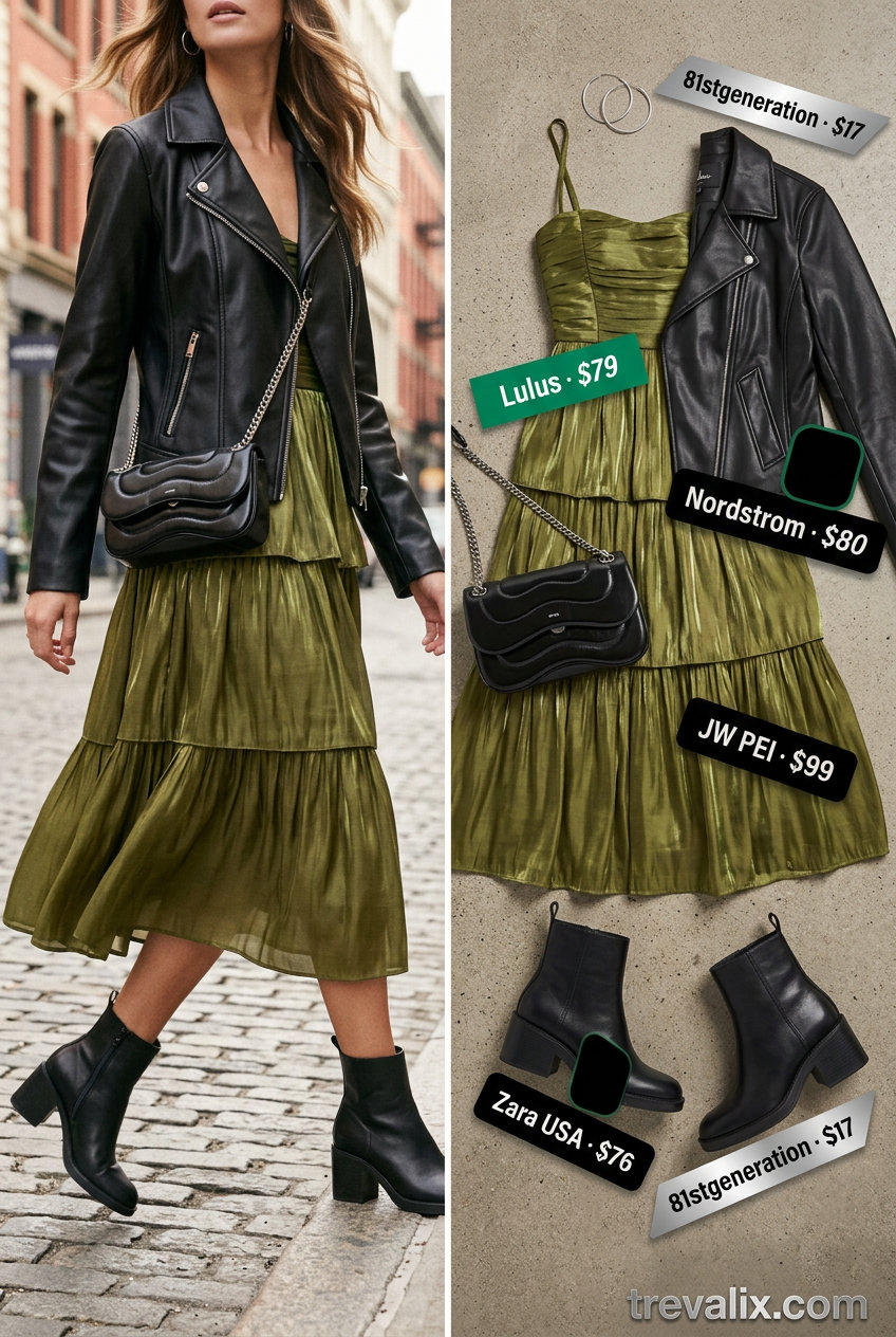 Summer Tiered Dress Outfits for Women 2026: Olive green tiered midi dress with moto jacket for city exploration.
