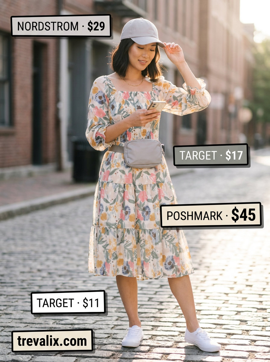 Summer Tiered Dress Outfits for Women 2026: Muted floral tiered midi dress for weekend getaways.