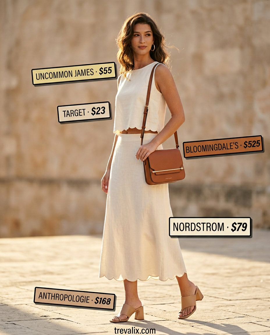 Summer Tiered Skirt Outfits for Women 2026: Beige tiered midi skirt set, cream mules for travel.