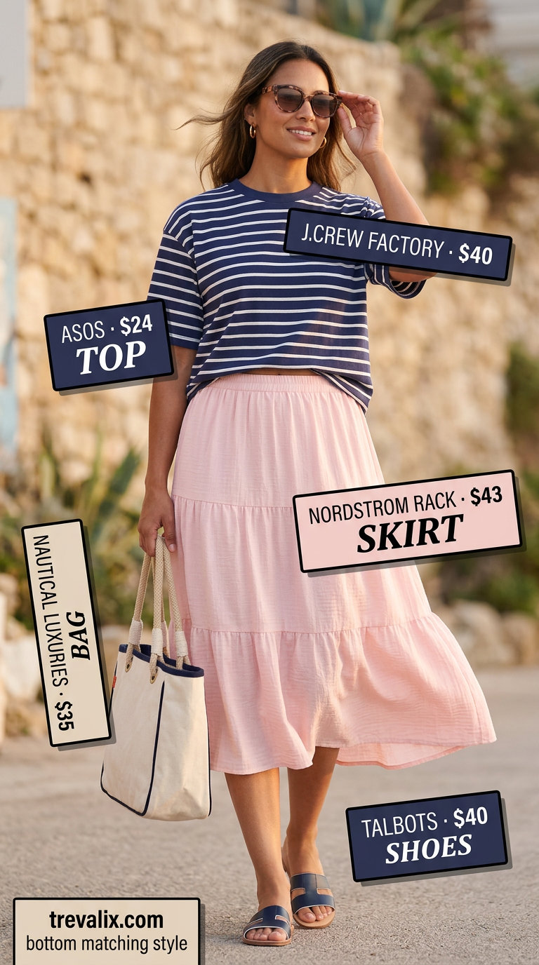 Summer Tiered Skirt Outfits for Women 2026: Blush pink tiered midi skirt, striped tee, slides for casual day out.