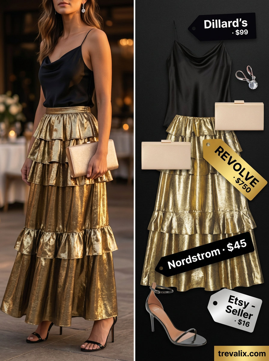 Summer Tiered Skirt Outfits for Women 2026: Gold tiered midi skirt, black camisole, heels for evening event.