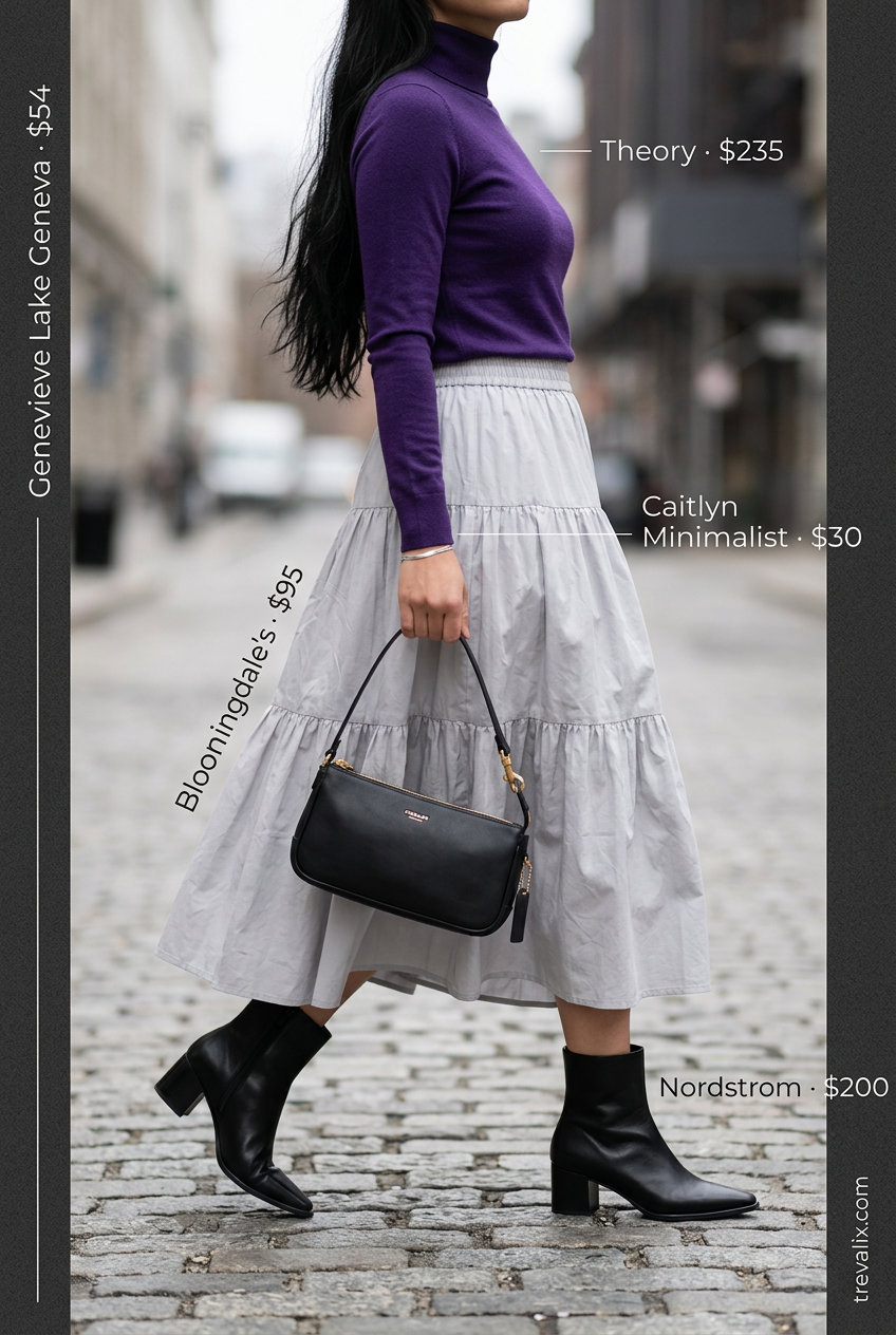 Summer Tiered Skirt Outfits for Women 2026: Charcoal grey tiered midi skirt, black turtleneck, ankle boots for chic look.