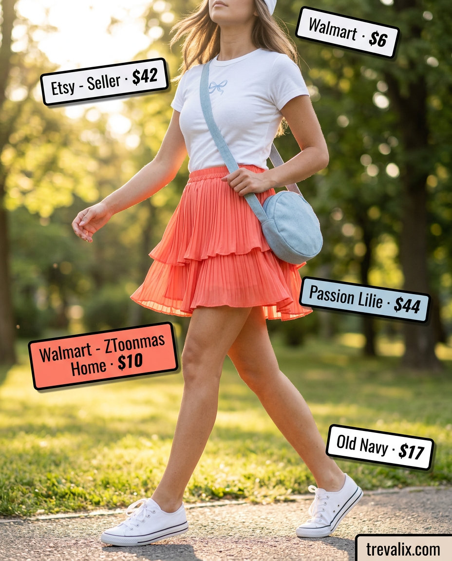 Summer Tiered Skirt Outfits for Women 2026: Coral tiered mini skirt, graphic tee, sneakers for picnic.