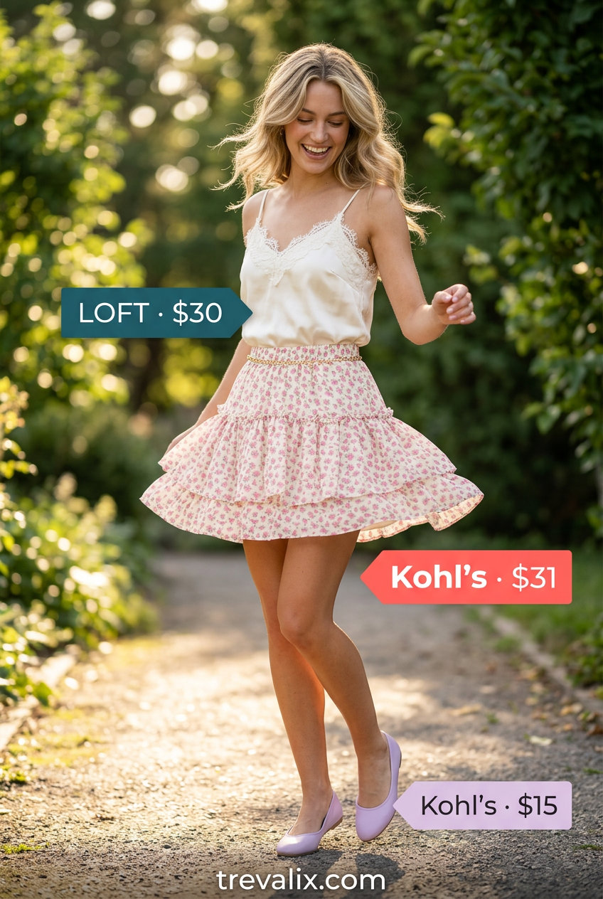 Summer Tiered Skirt Outfits for Women 2026: Pastel floral tiered mini skirt, cream camisole, ballet flats for garden party.