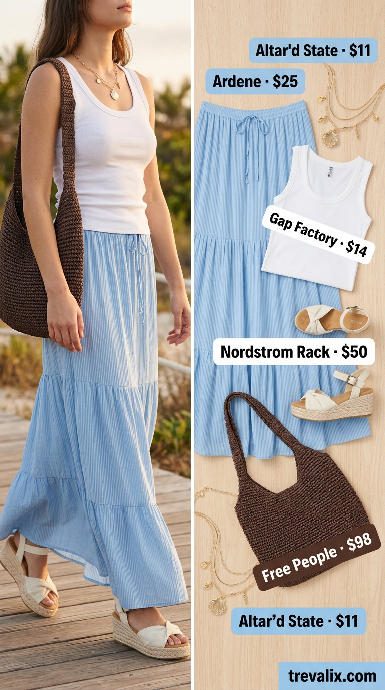 Summer Tiered Skirt Outfits for Women 2026: Sky blue tiered maxi skirt, white tank top, straw tote, espadrilles for beach day.