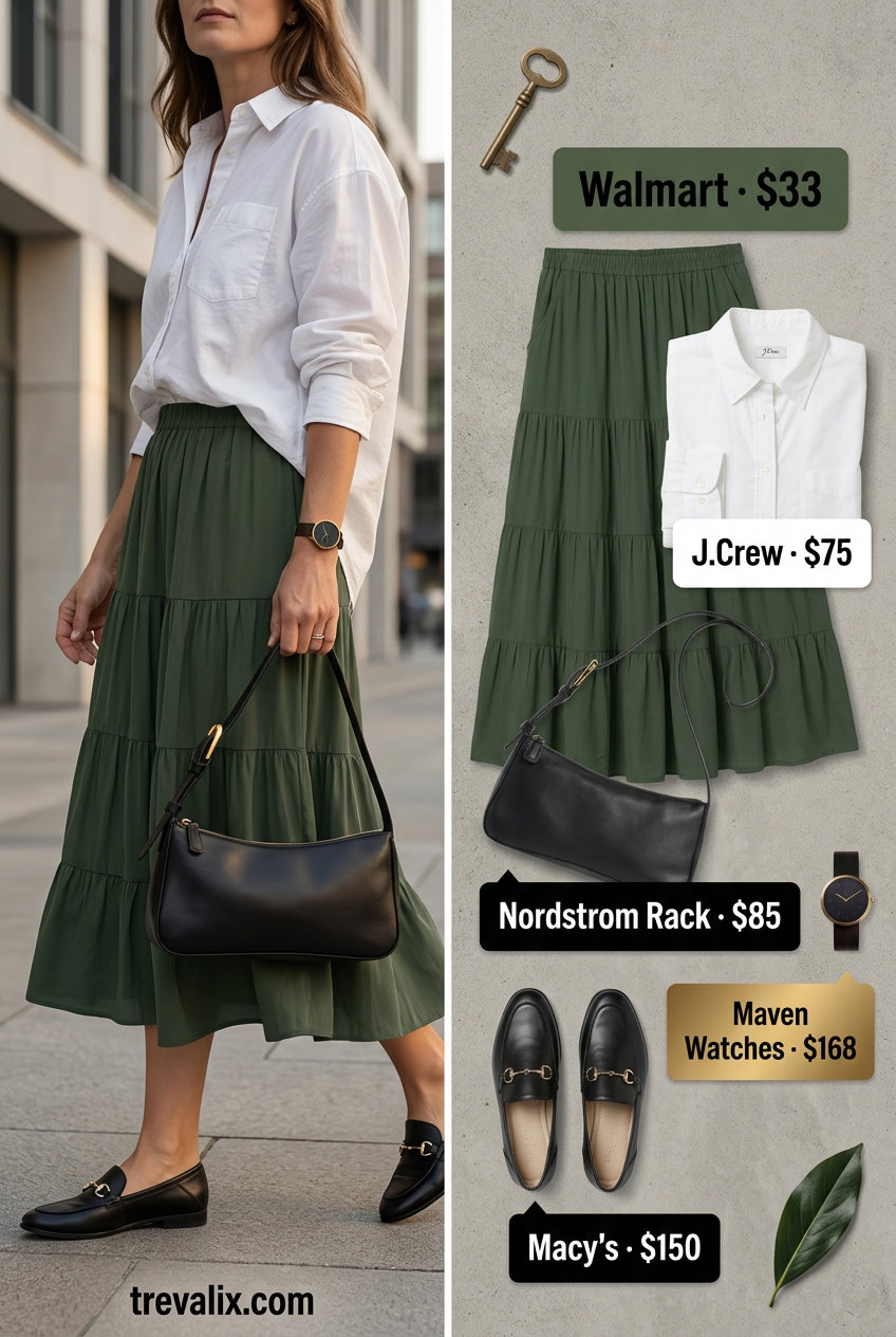 Summer Tiered Skirt Outfits for Women 2026: Olive green tiered midi skirt, white button-down, loafers for office wear.