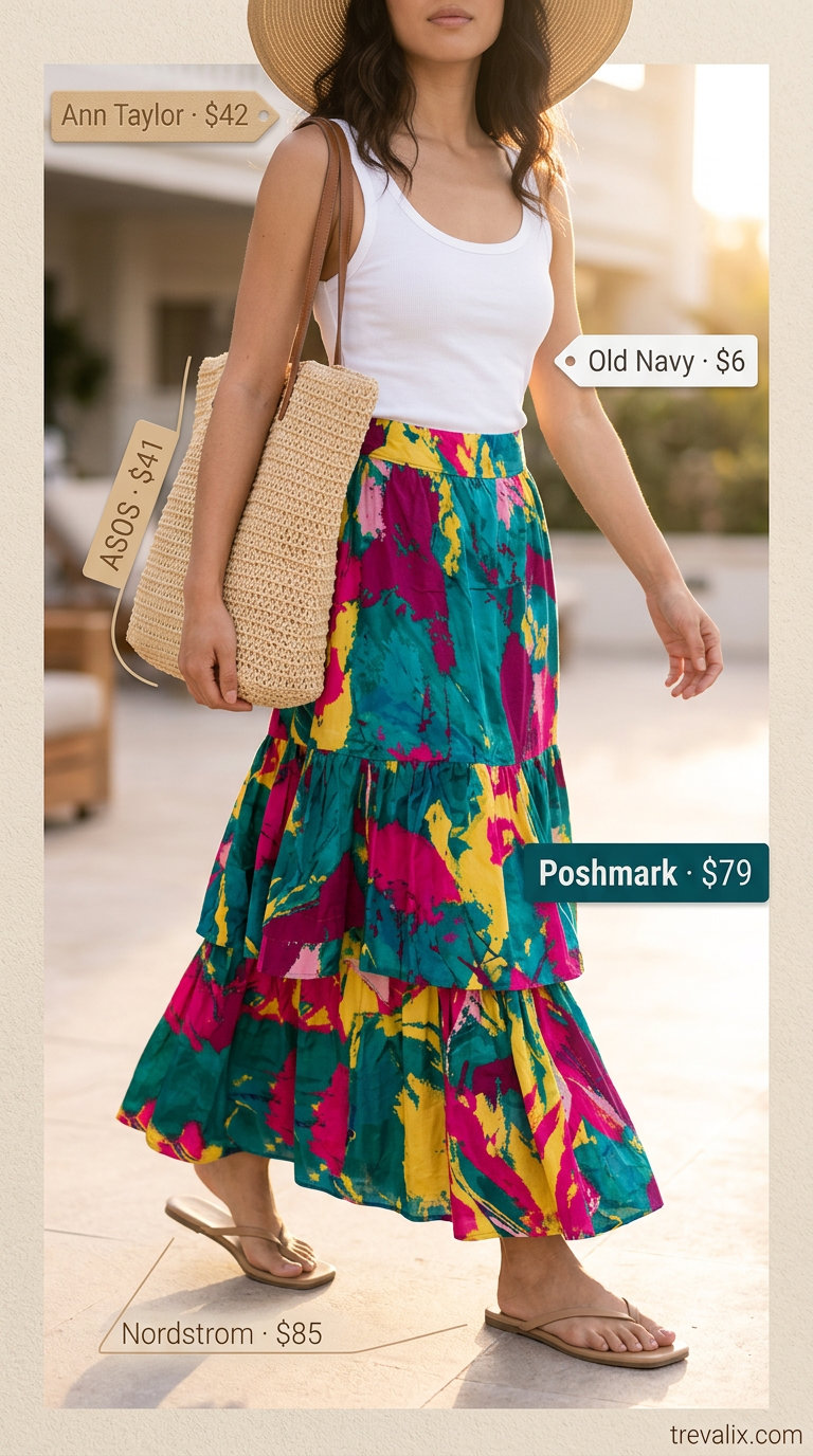 Summer Tiered Skirt Outfits for Women 2026: Vibrant abstract print tiered maxi skirt, white tank, straw hat for vacation.