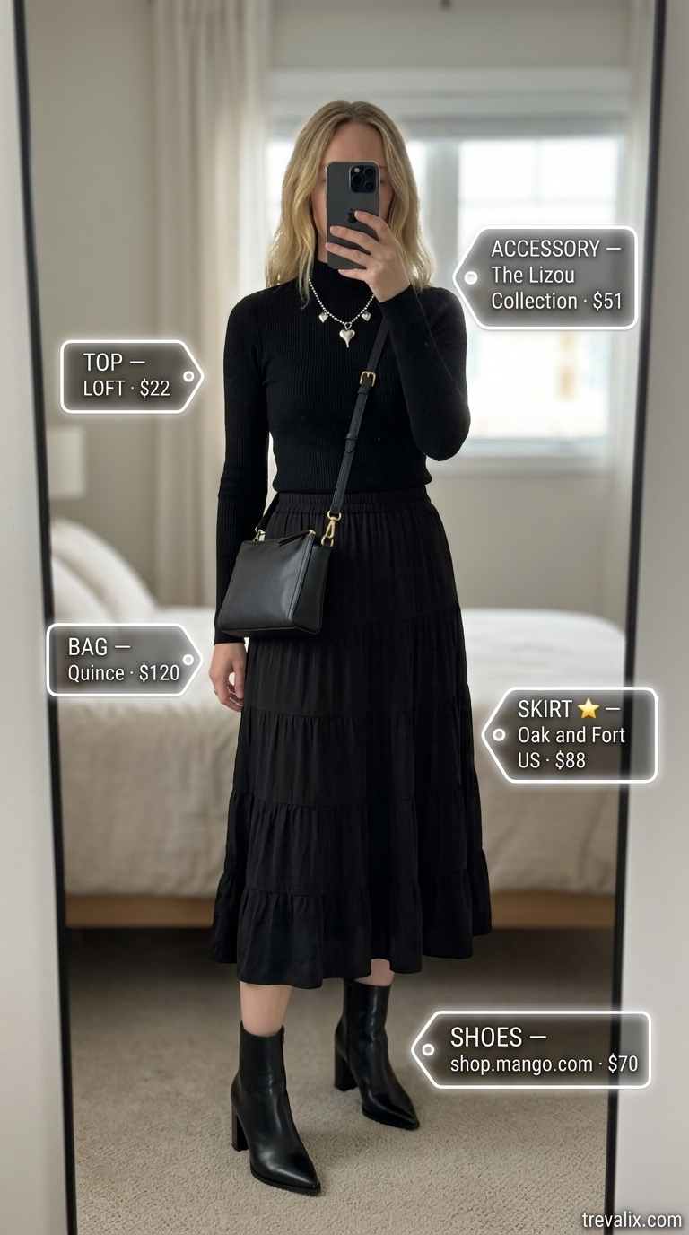 City Explorer Chic: Black tiered midi skirt, white mock neck top, ankle boots. Summer Tiered Skirt Outfits for Women 2026.