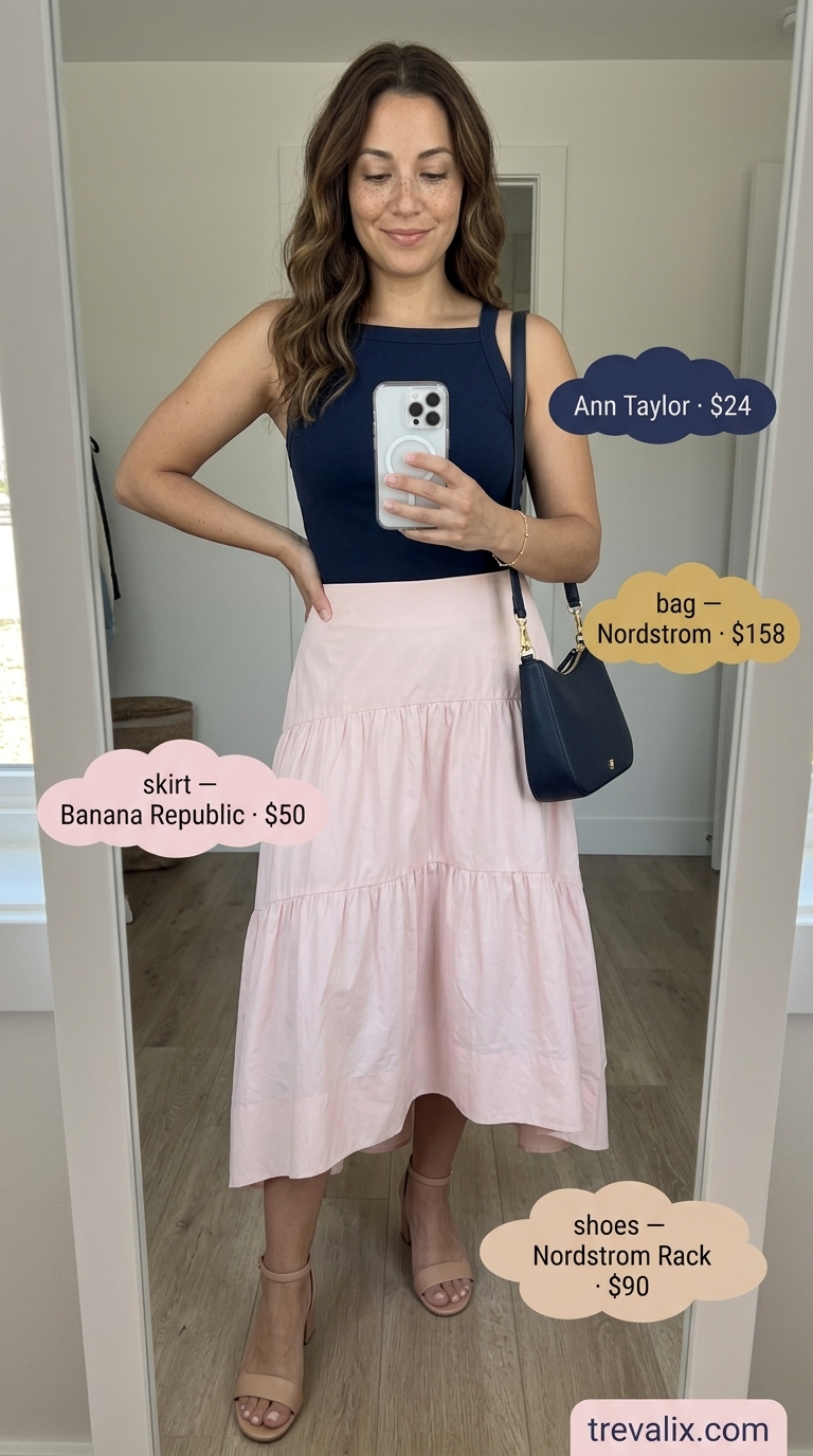 Sophisticated Summer Separates: Blush pink tiered midi skirt, navy top. Summer Tiered Skirt Outfits for Women 2026.
