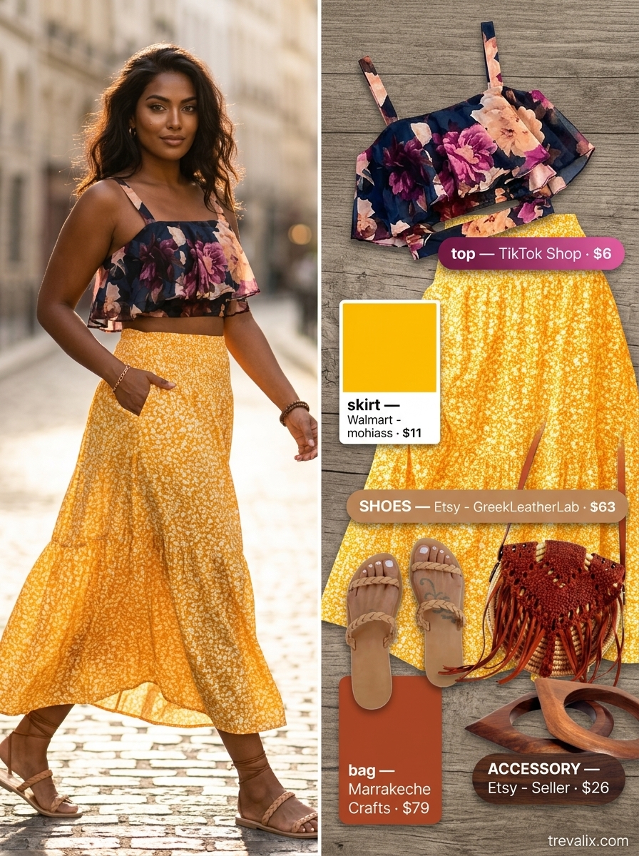 Bohemian floral tiered maxi skirt set for women 2026, with crop top and flat sandals for festivals or vacation.