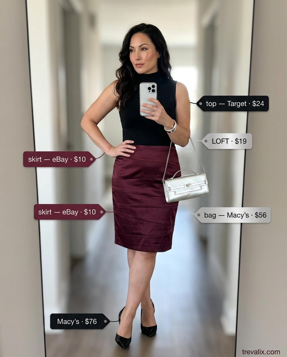 Burgundy tiered midi skirt outfit for women 2026, with black bodysuit and silver heels for an art gallery opening.