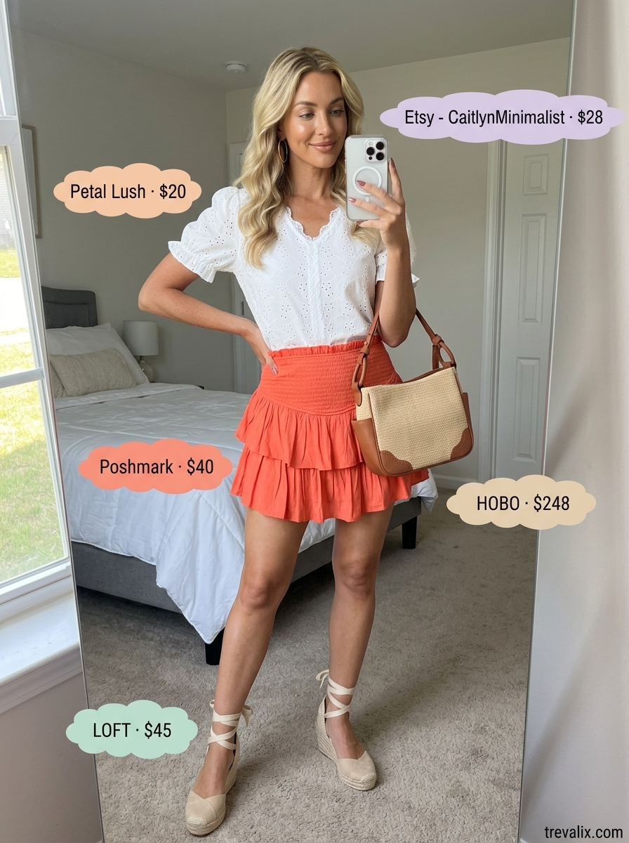 Sunny Day Brunch: Coral tiered mini skirt, white eyelet top, espadrilles. Summer Tiered Skirt Outfits for Women 2026.