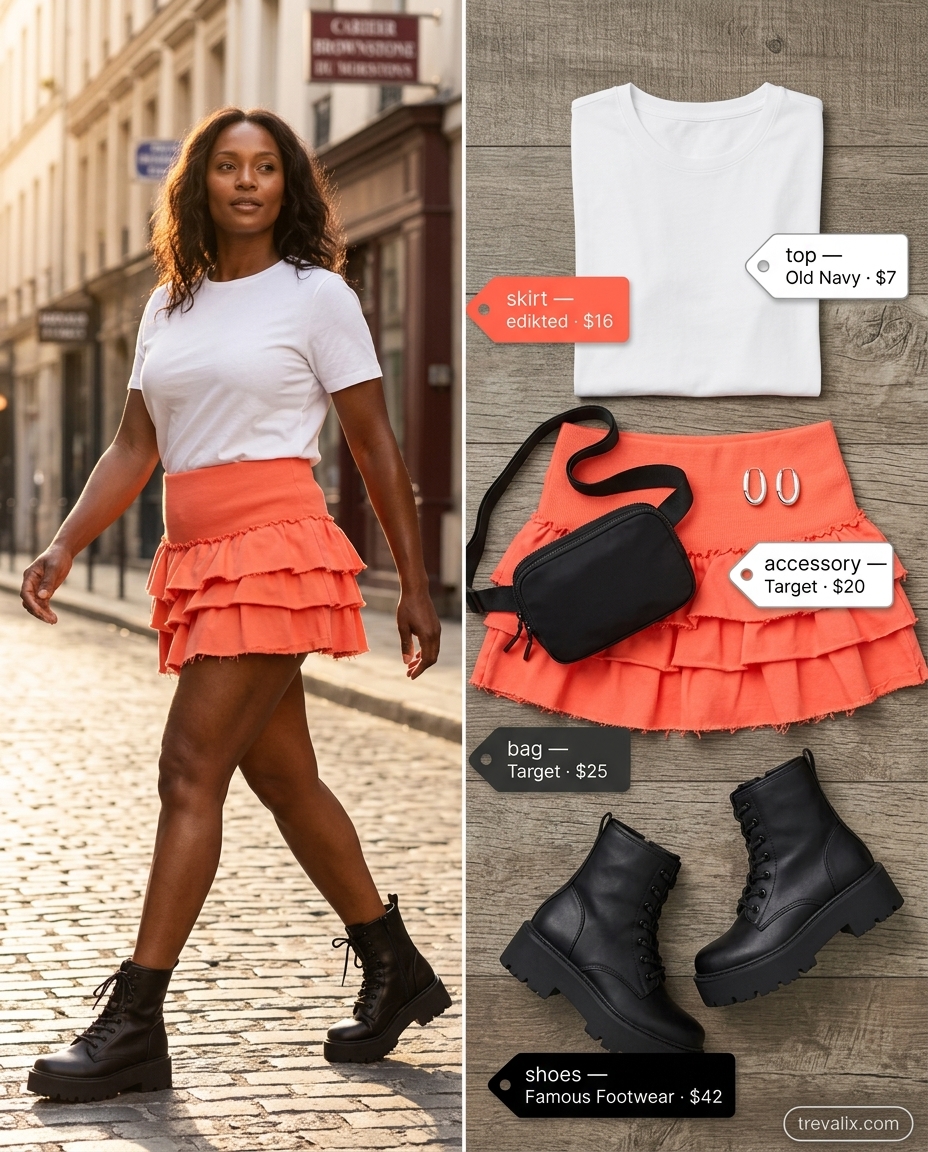 City Explorer Mini: Coral tiered mini skirt, white tee, combat boots. Summer Tiered Skirt Outfits for Women 2026.