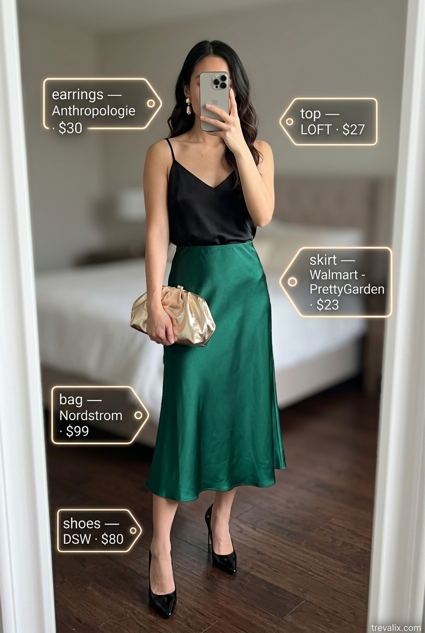 Summer Evening Elegance: Emerald green tiered skirt, black camisole, gold heels. Summer Tiered Skirt Outfits for Women 2026.