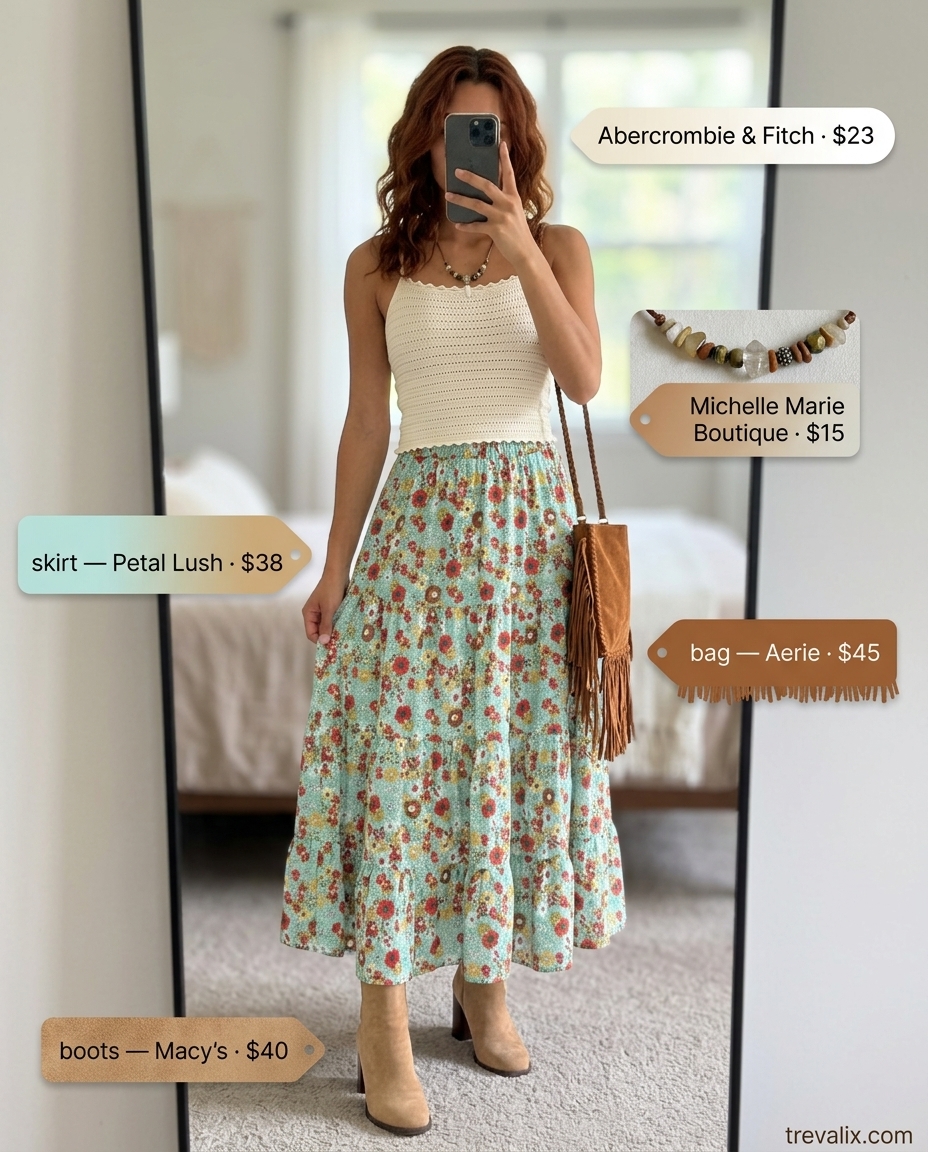 Boho Festival Flair: Multi-color floral tiered maxi skirt, crochet top. Summer Tiered Skirt Outfits for Women 2026.