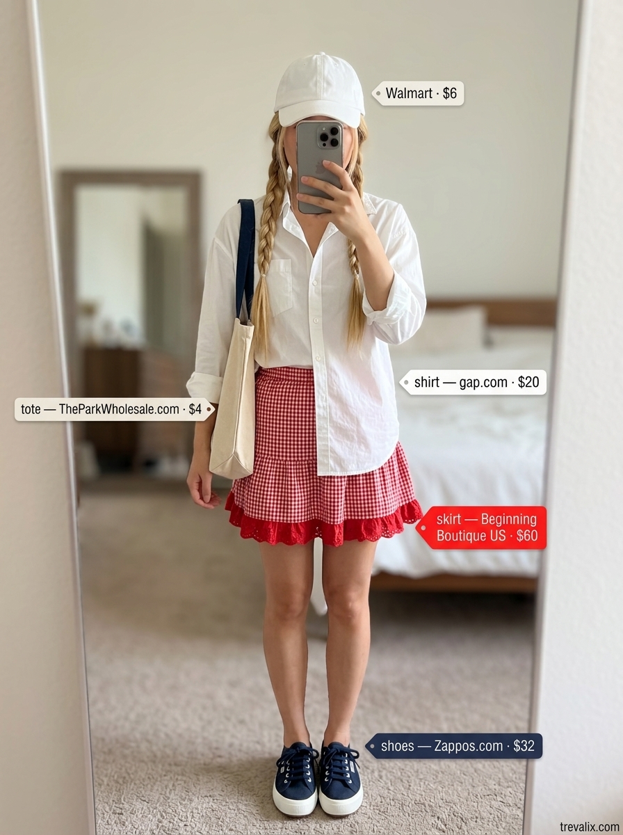 Playful Picnic Perfect: Red gingham tiered mini skirt, white oversized shirt. Summer Tiered Skirt Outfits for Women 2026.