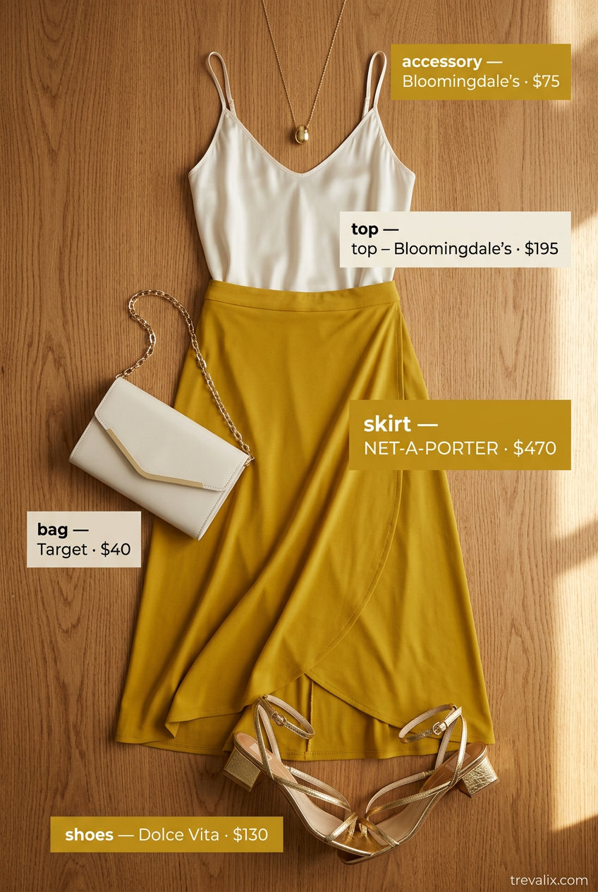 Mustard yellow tiered wrap midi skirt outfit for women 2026, paired with cream camisole and gold heels for evening drinks.