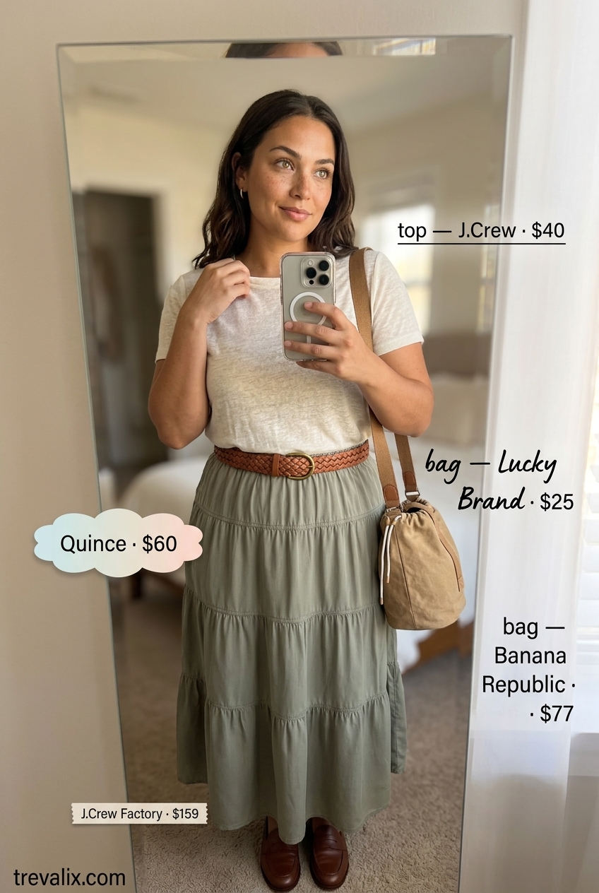Weekend Getaway Ready: Olive green tiered skirt, cream linen tee, loafers. Summer Tiered Skirt Outfits for Women 2026.