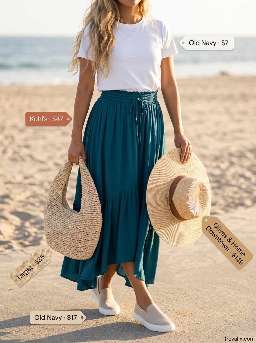 Coastal Breeze Maxi: Sky blue tiered maxi skirt, white tee, straw hat. Summer Tiered Skirt Outfits for Women 2026.