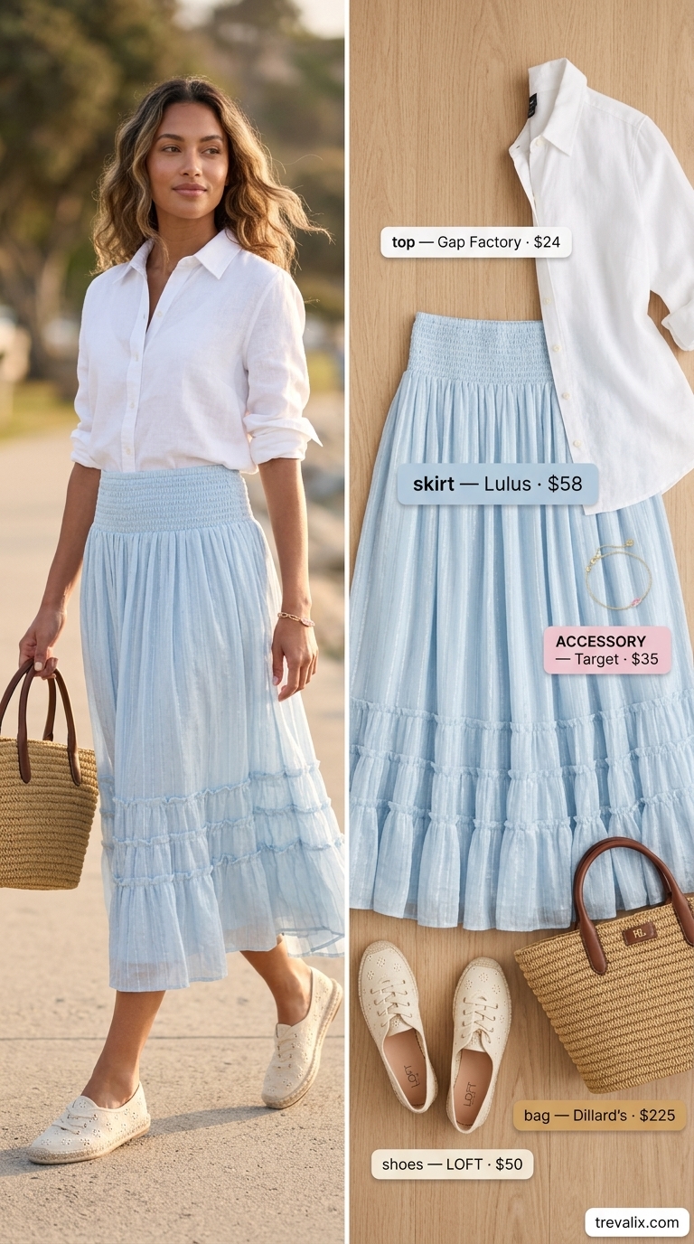 Sky blue tiered midi skirt outfit for women 2026, with oversized linen shirt and espadrilles for a seaside day.