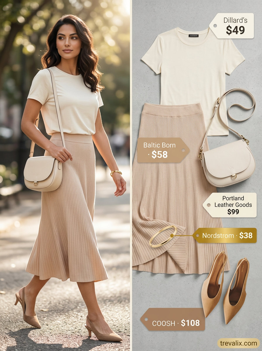 Beige knit tulip skirt outfit for women, chic brunch style with cream top & nude heels.