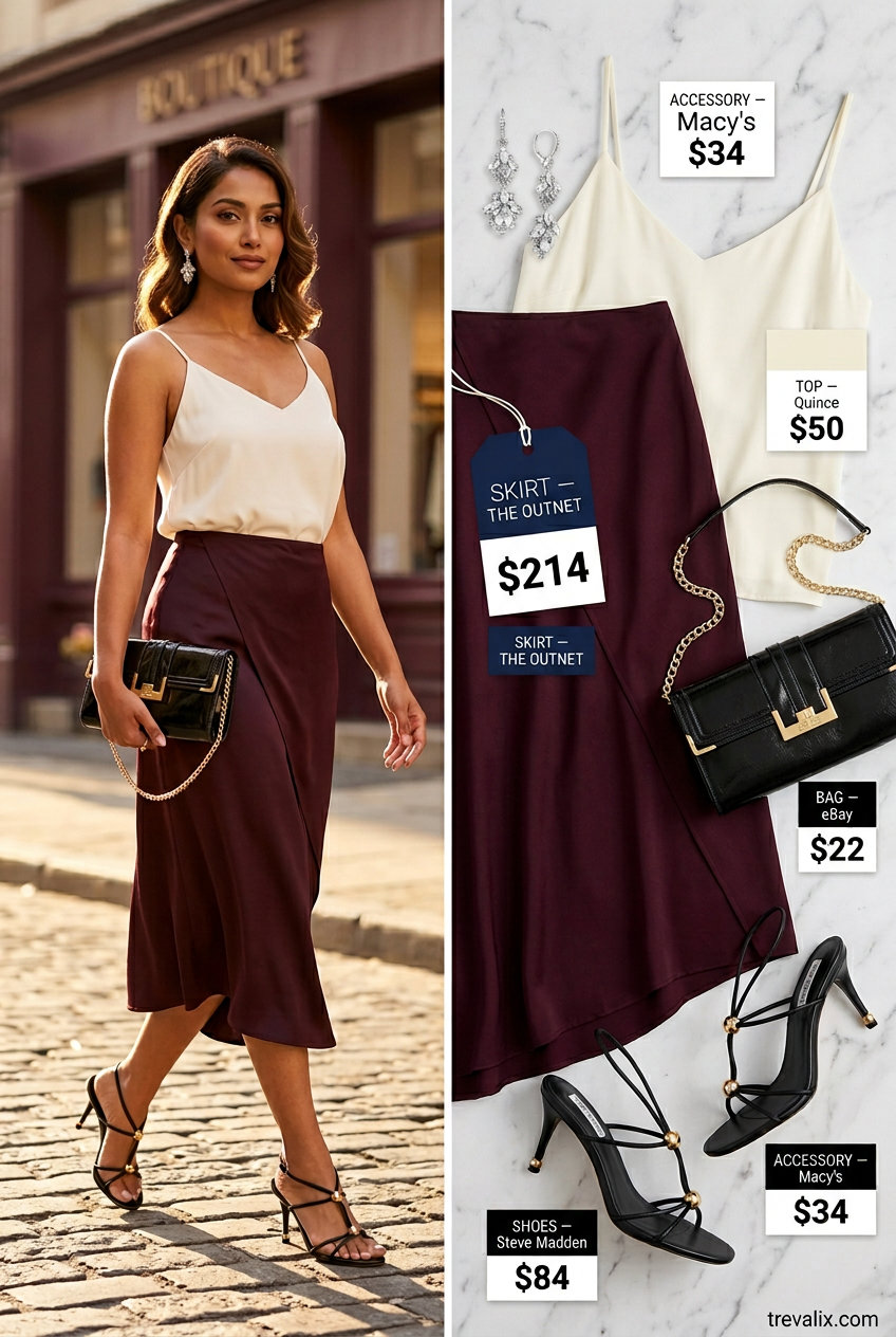 Burgundy satin tulip skirt outfit for women, date night style with cream silk cami & black heels.