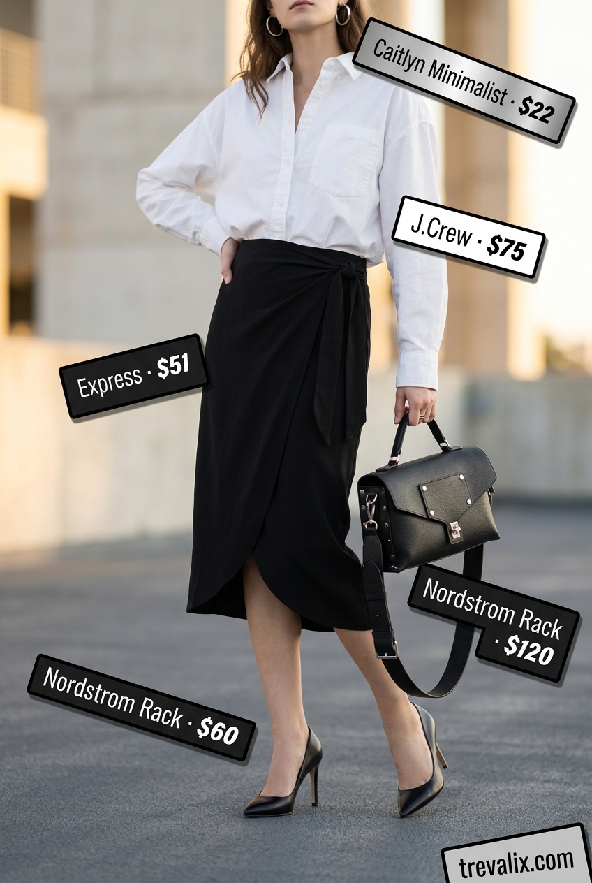 Chic black tulip wrap skirt outfit for women 2026. Features oversized white shirt, black heels, top-handle bag, and hoop earrings.