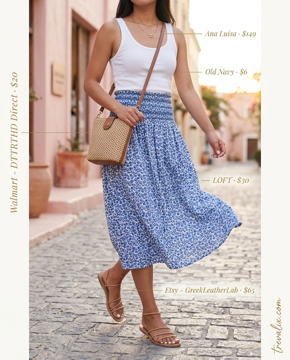 Effortless pastel blue floral tulip skirt outfit for women 2026. Features white tank, leather sandals, gold necklaces, and straw bag.