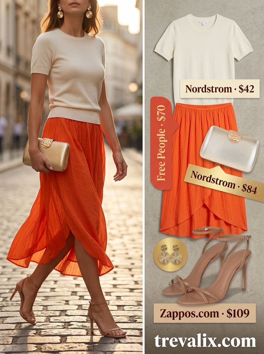 Coral tulip skirt outfit for women, vibrant date night style with cream sweater & tan heels.