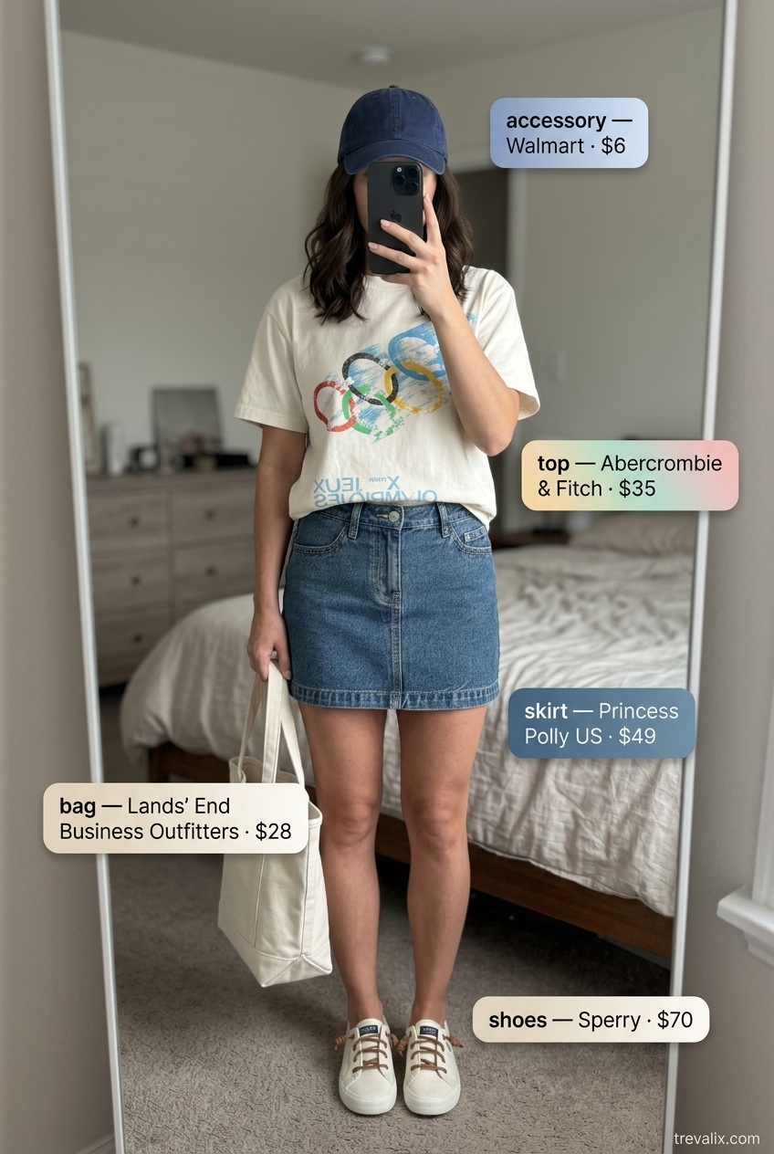 Casual summer tulip skirt outfit with denim skirt, graphic tee, baseball cap, and canvas sneakers. 2026 style.