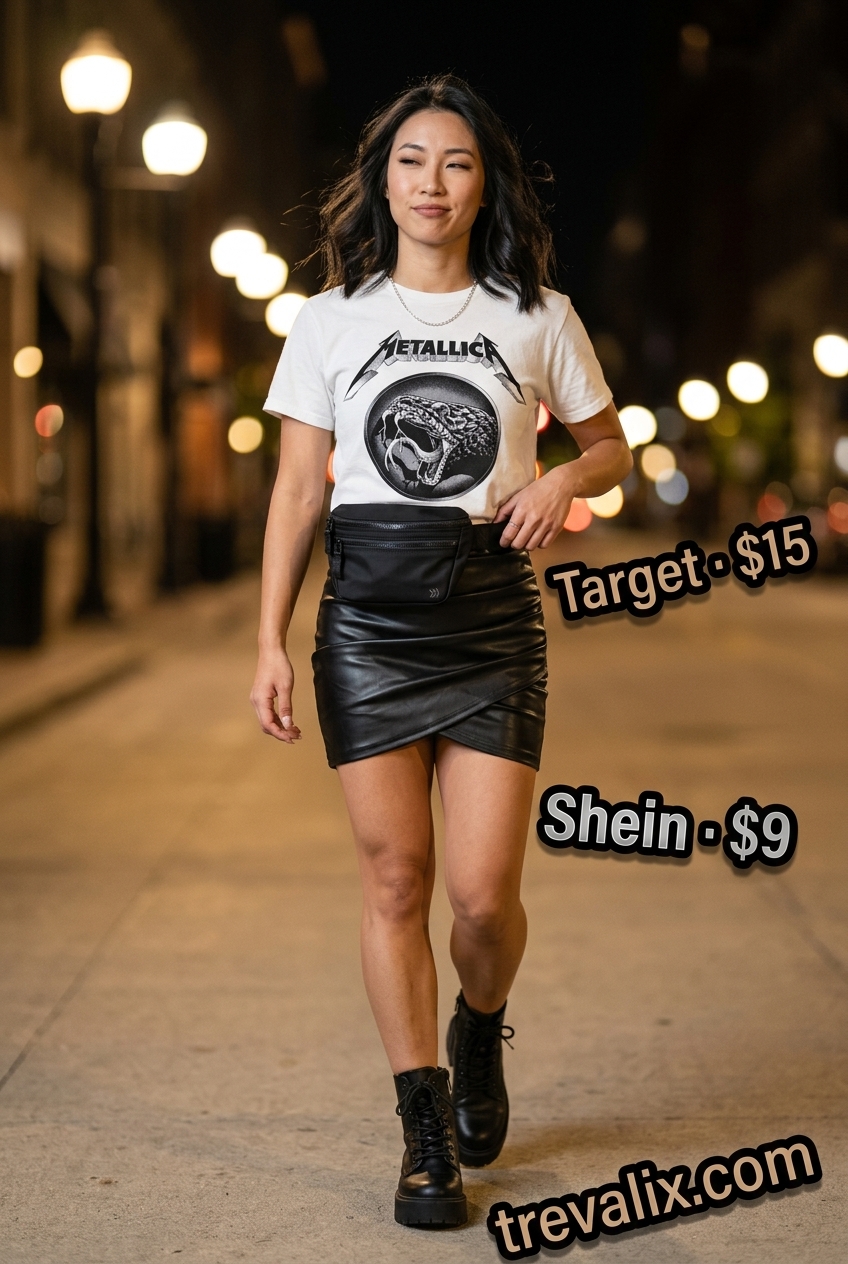 Edgy black faux leather tulip skirt outfit for women 2026. Features graphic tee, combat boots, silver necklace, and belt bag.
